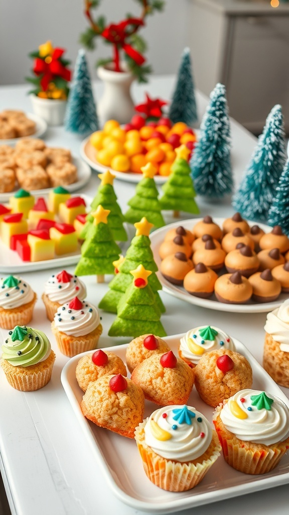 A festive table filled with Christmas party food for kids, including mini sandwiches, fruit skewers, cupcakes, and rice krispie treats.